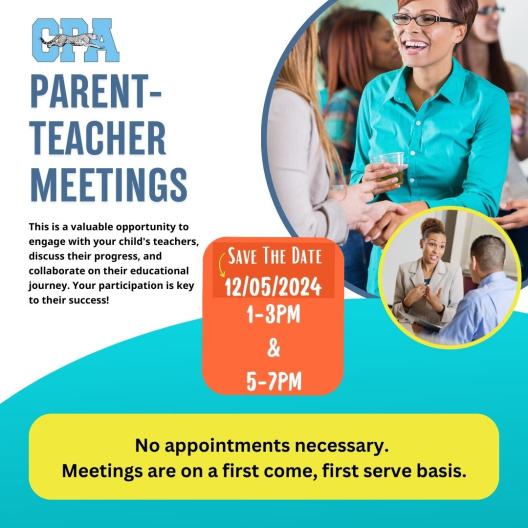 Poster describing the date and time for parent teacher meetings with graphics depicting meetings.