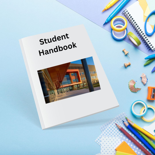 Picture of a student handbook with school supplies surround the image