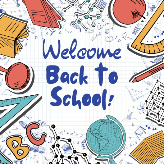 A graphic with various school supplies and the text "Welcome Back to School".