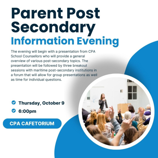 Poster that says Parent Post Secondary Information Evening