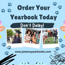 Yearbook poster with stock images of a graduate, student friend group and football game.