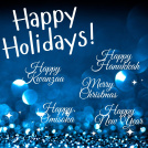 The image wishes everyone a Happy Holidays and includes Kwanzaa, Christmas, Hanukkah, Omisoka and New Year.