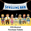 Cartoon characters sitting in chairs with banner title, The 25th Annual Putnam County Spelling Bee
